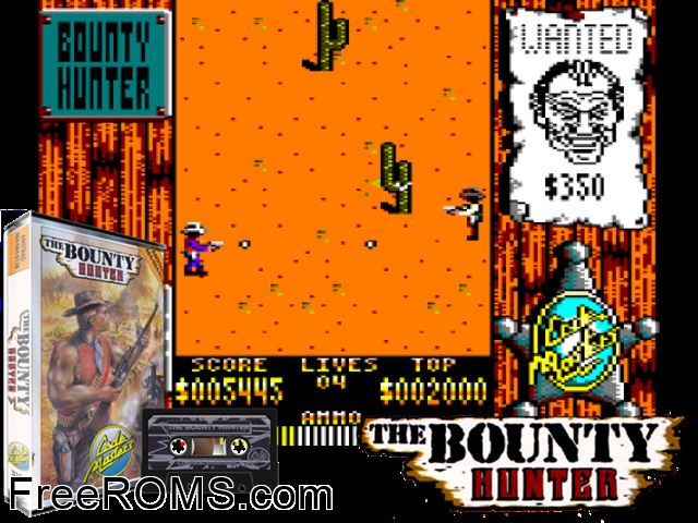 Bounty Hunter (UK) (1989) [t1] Amstrad CPC game showing 3D box cover and gameplay screenshot